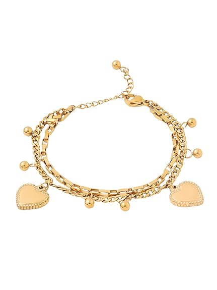 Power Edit Collection | Bracelets For Women Stainless Steel Adjustable Multi-Layer Heart Charm Stack Bracelet For Women And Girls | Gold Colour | Anniversary Birthday Gifts