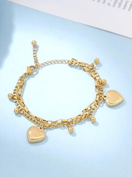Power Edit Collection | Bracelets For Women Stainless Steel Adjustable Multi-Layer Heart Charm Stack Bracelet For Women And Girls | Gold Colour | Anniversary Birthday Gifts - Image 2