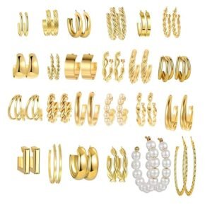 TESKA Combo Of Gold Hoop Earrings for Women | Fancy Korean Anti-Tarnish, Lightweight Dainty Hoops | Trendy Gold-Plated Earrings for Office, Everyday & Casual Looks