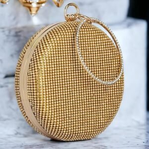 Ayshera Women Handicraft Beautiful Round Box Clutch Bag Purse for Bridal, Casual, Wedding Bag for Women & Girls (Diamond Gold)